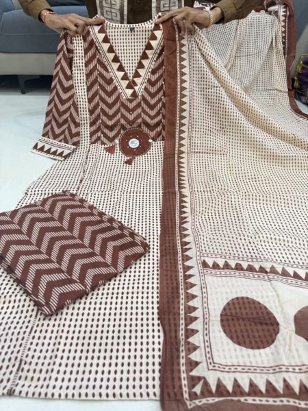 Functional Coffe Brown Jaipur Cotton Kurta Pant Dupatta Set for Women Printed Kurtis