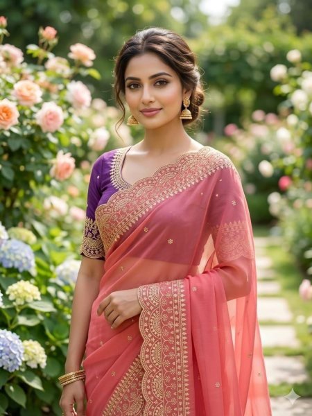 Functional Coral Peach Designer Star Georgette Saree with Rich Thread Work Details Sarees 