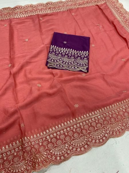 Functional Coral Peach Designer Star Georgette Saree with Rich Thread Work Details Embroidery Sarees Wholesale