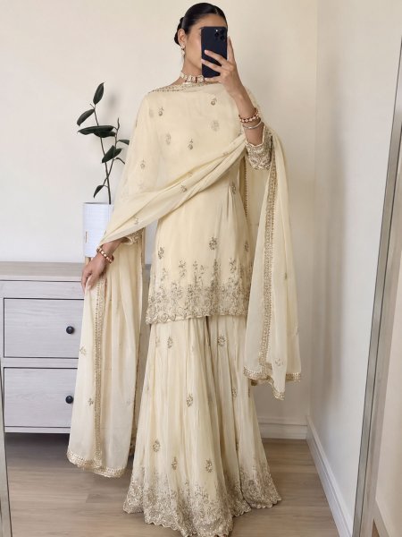 Functional Cream Embroidered Sharara Suit with Full Sleeves for Reception Wear Ready To Wear Suit