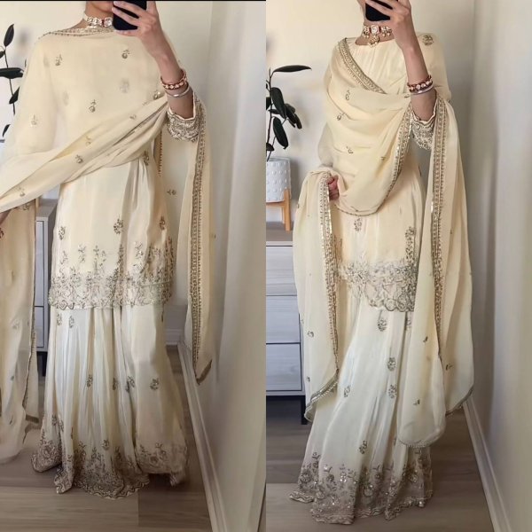 Functional Cream Embroidered Sharara Suit with Full Sleeves for Reception Wear Ready To Wear Collection