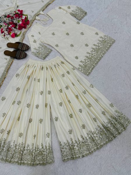 Functional Cream Embroidered Sharara Suit with Full Sleeves for Reception Wear Ready To Wear Collection
