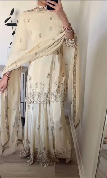 Functional Cream Embroidered Sharara Suit with Full Sleeves for Reception Wear Ready To Wear Collection