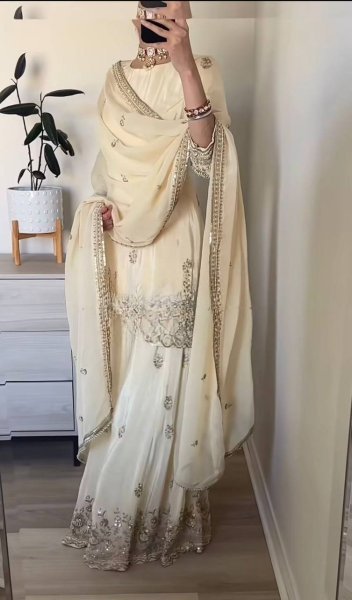 Functional Cream Embroidered Sharara Suit with Full Sleeves for Reception Wear Ready To Wear Collection