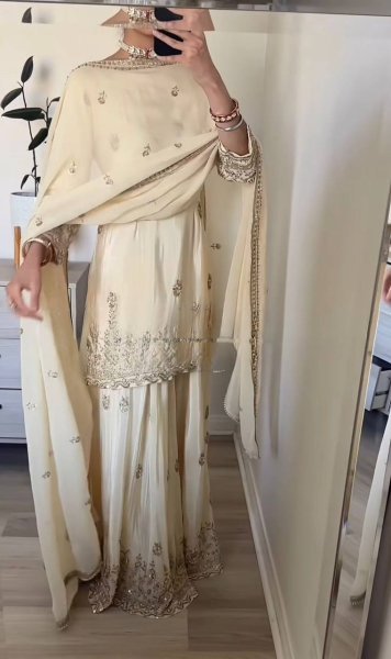 Functional Cream Embroidered Sharara Suit with Full Sleeves for Reception Wear Ready To Wear Collection