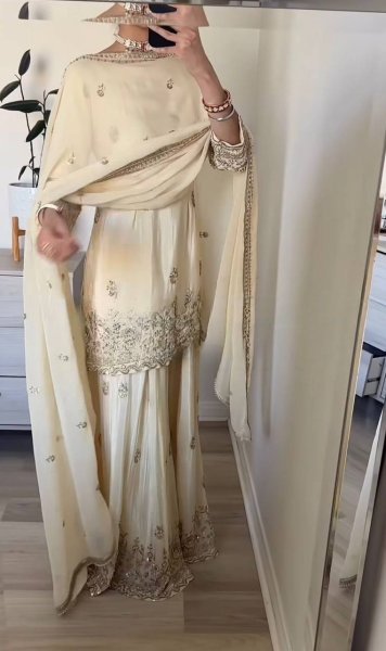 Functional Cream Embroidered Sharara Suit with Full Sleeves for Reception Wear Ready To Wear Collection
