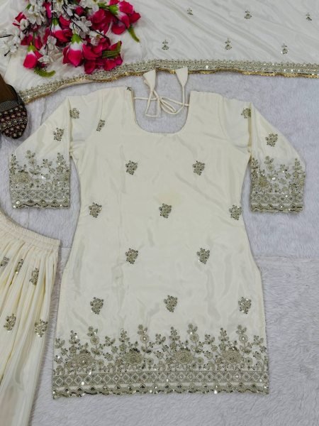 Functional Cream Embroidered Sharara Suit with Full Sleeves for Reception Wear Ready To Wear Collection