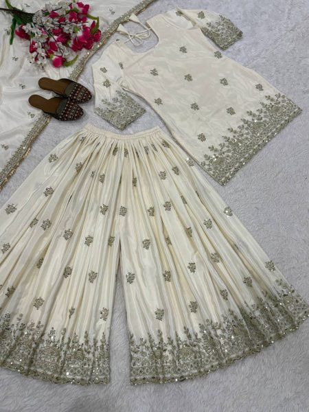Functional Cream Embroidered Sharara Suit with Full Sleeves for Reception Wear Ready To Wear Collection