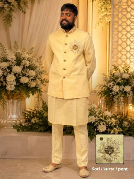 Functional Cream Ready to Wear Linen Traditional Indo Western Suit Set with Elegant Styling 