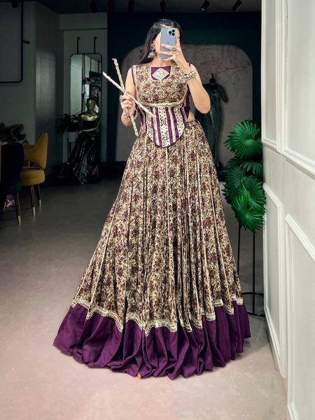 Functional Dark Purple Chanderi Cotton Lehenga Choli with Real Mirror Lace for Navratri Wholesale Lehengas Suppliers in Canada