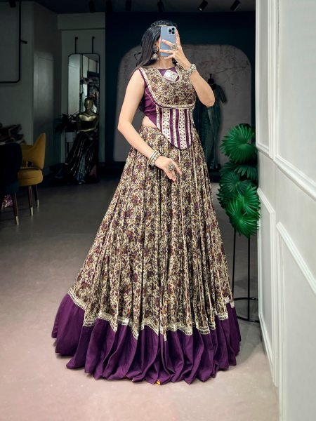Functional Dark Purple Chanderi Cotton Lehenga Choli with Real Mirror Lace for Navratri Navratri Lehnega Choli