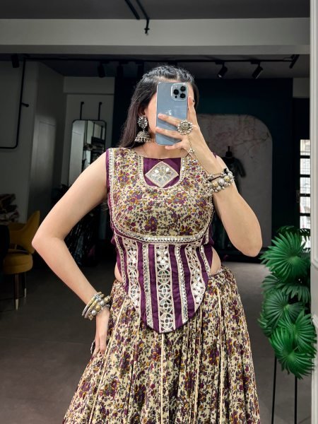 Functional Dark Purple Chanderi Cotton Lehenga Choli with Real Mirror Lace for Navratri Navratri Lehnega Choli