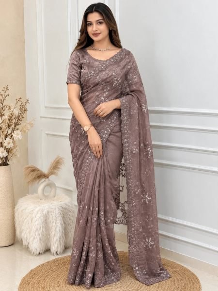 Functional Dusty Mauve Designer Shimmer Silk Saree with Full Saree Embroidery 