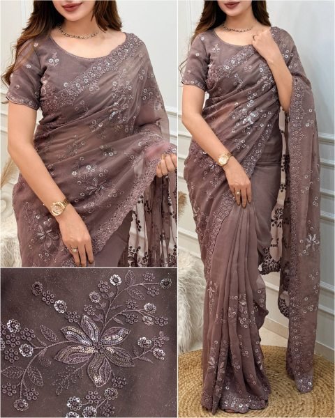 Functional Dusty Mauve Designer Shimmer Silk Saree with Full Saree Embroidery Silk Sarees Wholesale