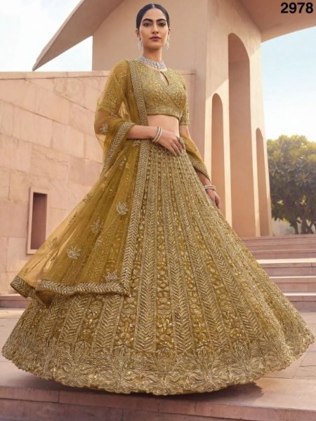 Functional Golden Net Bridal Lehenga with Crystal and Sequins Work for Wedding Wear  Lehenga