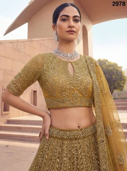 Functional Golden Net Bridal Lehenga with Crystal and Sequins Work for Wedding Wear Bridal Lehenga Choli