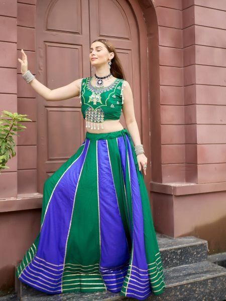 Functional Green Blue Heavy Lace Work Pure Cotton Lehenga with Embroidered Choli at Manufacturer  