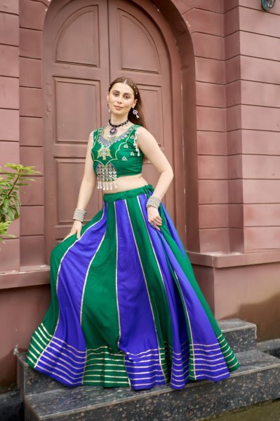 Functional Green Blue Heavy Lace Work Pure Cotton Lehenga with Embroidered Choli at Manufacturer  Navratri Lehnega Choli