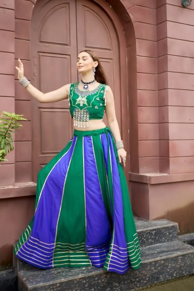 Functional Green Blue Heavy Lace Work Pure Cotton Lehenga with Embroidered Choli at Manufacturer  Navratri Lehnega Choli