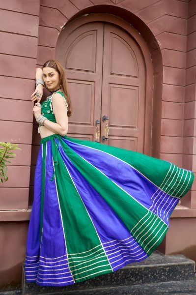 Functional Green Blue Heavy Lace Work Pure Cotton Lehenga with Embroidered Choli at Manufacturer  Navratri Lehnega Choli