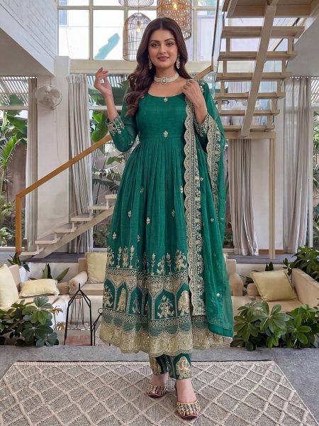 Functional Green Crunchy Silk Anarkali Gown Set With Heavy Sequence Work For Party Wear Ready To Wear Suit