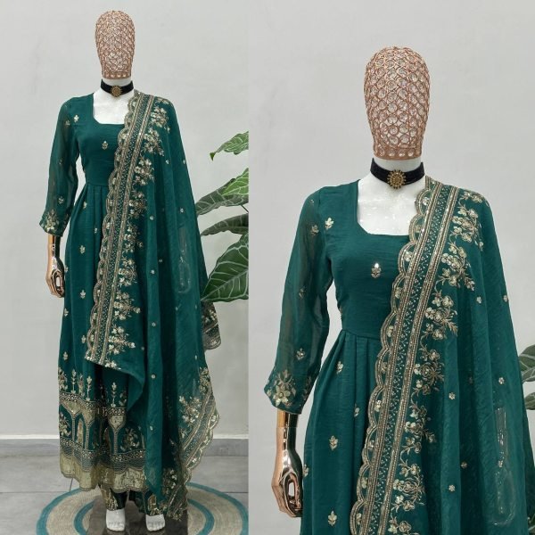 Functional Green Crunchy Silk Anarkali Gown Set With Heavy Sequence Work For Party Wear Ready To Wear Collection