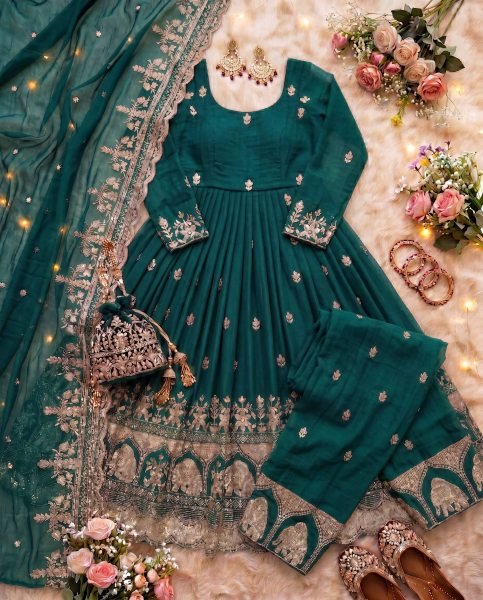 Functional Green Crunchy Silk Anarkali Gown Set With Heavy Sequence Work For Party Wear Ready To Wear Collection