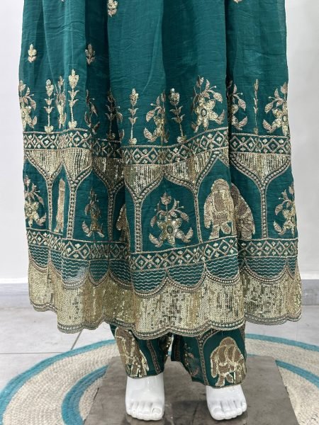 Functional Green Crunchy Silk Anarkali Gown Set With Heavy Sequence Work For Party Wear Ready To Wear Collection