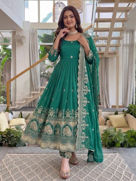 Functional Green Crunchy Silk Anarkali Gown Set With Heavy Sequence Work For Party Wear Ready To Wear Collection