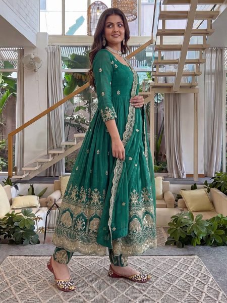 Functional Green Crunchy Silk Anarkali Gown Set With Heavy Sequence Work For Party Wear Ready To Wear Collection