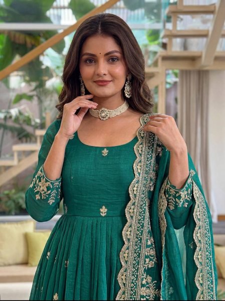 Functional Green Crunchy Silk Anarkali Gown Set With Heavy Sequence Work For Party Wear Ready To Wear Collection