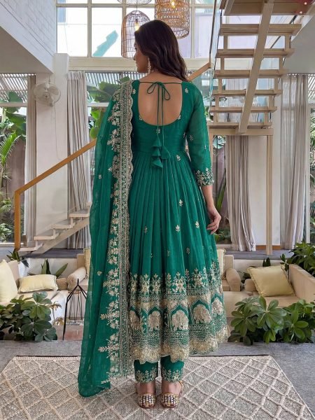 Functional Green Crunchy Silk Anarkali Gown Set With Heavy Sequence Work For Party Wear Ready To Wear Collection