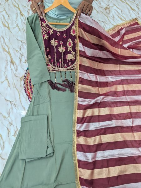 Functional Green Designer Shimmer Silk Kurti Palazzo Set with Jacquard Dupatta For Wedding Embroidery Kurtis 