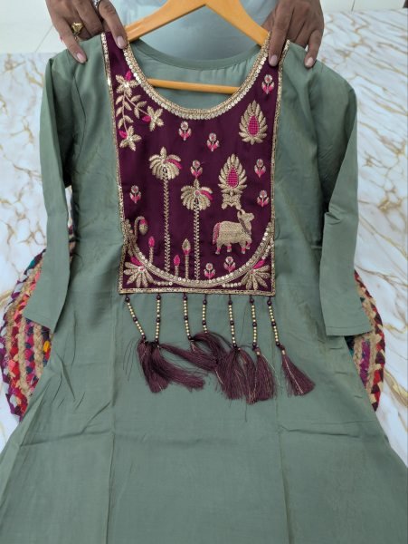 Functional Green Designer Shimmer Silk Kurti Palazzo Set with Jacquard Dupatta For Wedding Embroidery Kurtis 