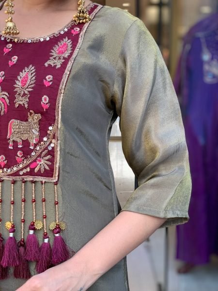 Functional Green Designer Shimmer Silk Kurti Palazzo Set with Jacquard Dupatta For Wedding Embroidery Kurtis 