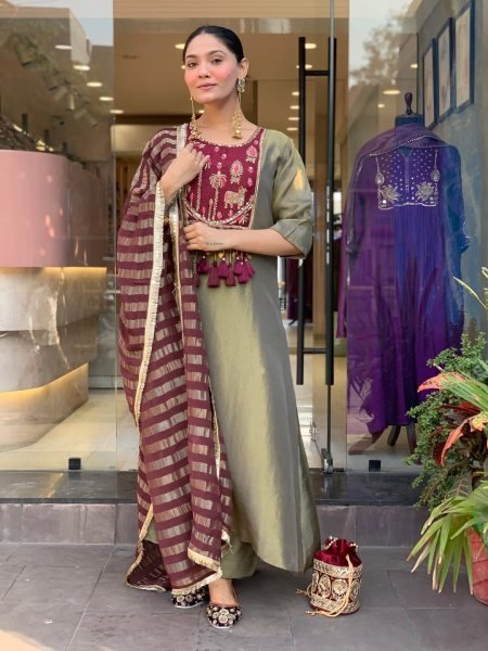 Functional Green Designer Shimmer Silk Kurti Palazzo Set with Jacquard Dupatta For Wedding Embroidery Kurtis 