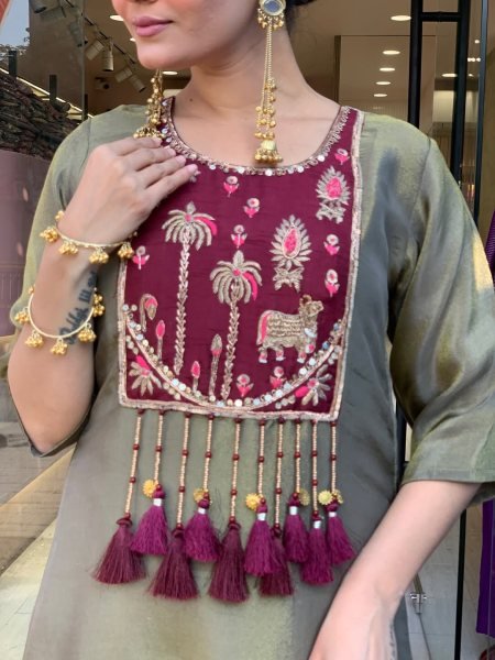 Functional Green Designer Shimmer Silk Kurti Palazzo Set with Jacquard Dupatta For Wedding Embroidery Kurtis 