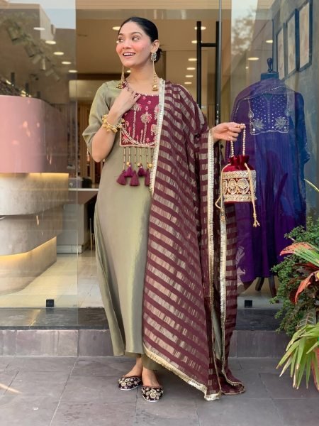 Functional Green Designer Shimmer Silk Kurti Palazzo Set with Jacquard Dupatta For Wedding Embroidery Kurtis 