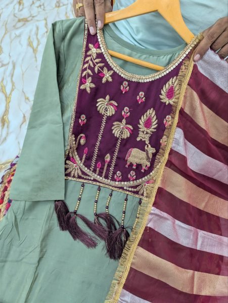 Functional Green Designer Shimmer Silk Kurti Palazzo Set with Jacquard Dupatta For Wedding Embroidery Kurtis 