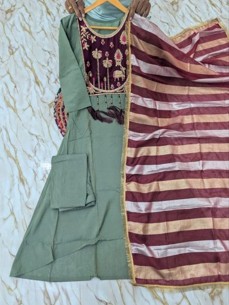Functional Green Designer Shimmer Silk Kurti Palazzo Set with Jacquard Dupatta For Wedding Embroidery Kurtis 