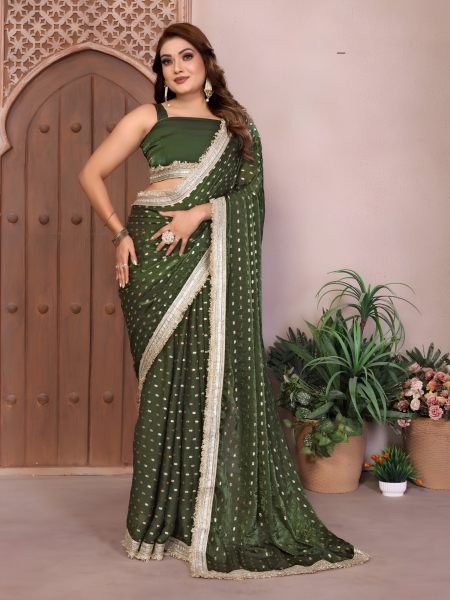 Functional Green Fendi Satin Silk Saree with Foil Work and Designer Lace at Wholesale Rate 