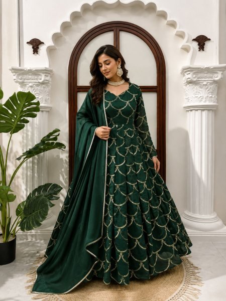Functional Green Mal Chanderi Embroidered Gown with Matching Pant and Designer Dupatta 