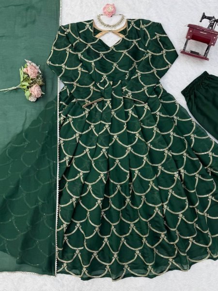 Functional Green Mal Chanderi Embroidered Gown with Matching Pant and Designer Dupatta Ready To Wear Collection