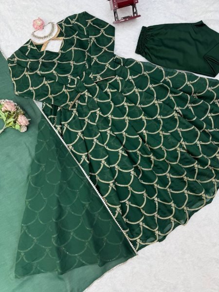 Functional Green Mal Chanderi Embroidered Gown with Matching Pant and Designer Dupatta Ready To Wear Collection