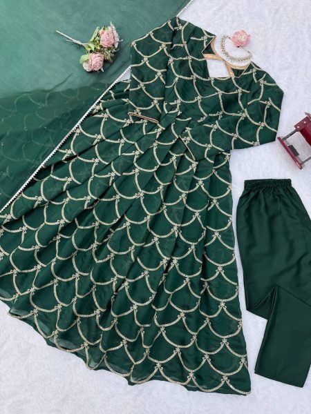 Functional Green Mal Chanderi Embroidered Gown with Matching Pant and Designer Dupatta Ready To Wear Collection