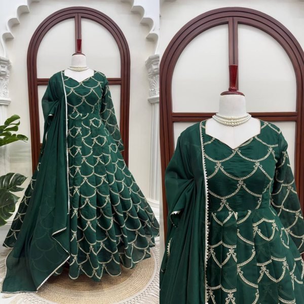 Functional Green Mal Chanderi Embroidered Gown with Matching Pant and Designer Dupatta Ready To Wear Collection