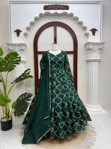 Functional Green Mal Chanderi Embroidered Gown with Matching Pant and Designer Dupatta Ready To Wear Collection