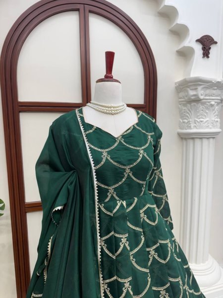 Functional Green Mal Chanderi Embroidered Gown with Matching Pant and Designer Dupatta Ready To Wear Collection
