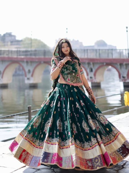 Functional Green Muslin Cotton Mirror Work Lehenga Choli for Navratri and Garba Nights  Lehenga