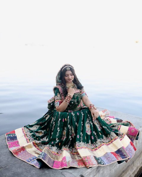 Functional Green Muslin Cotton Mirror Work Lehenga Choli for Navratri and Garba Nights Navratri Lehnega Choli